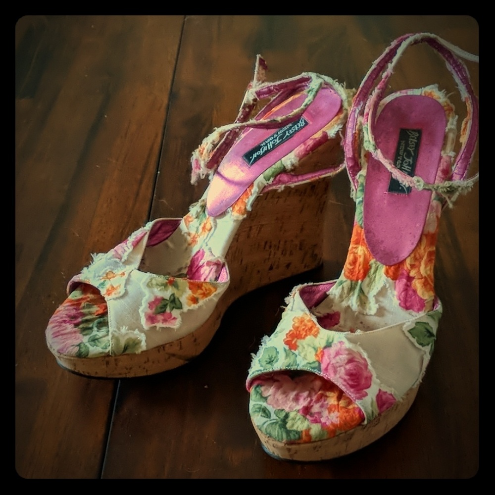 Vintage Betsey Johnson silk floral cork wedges